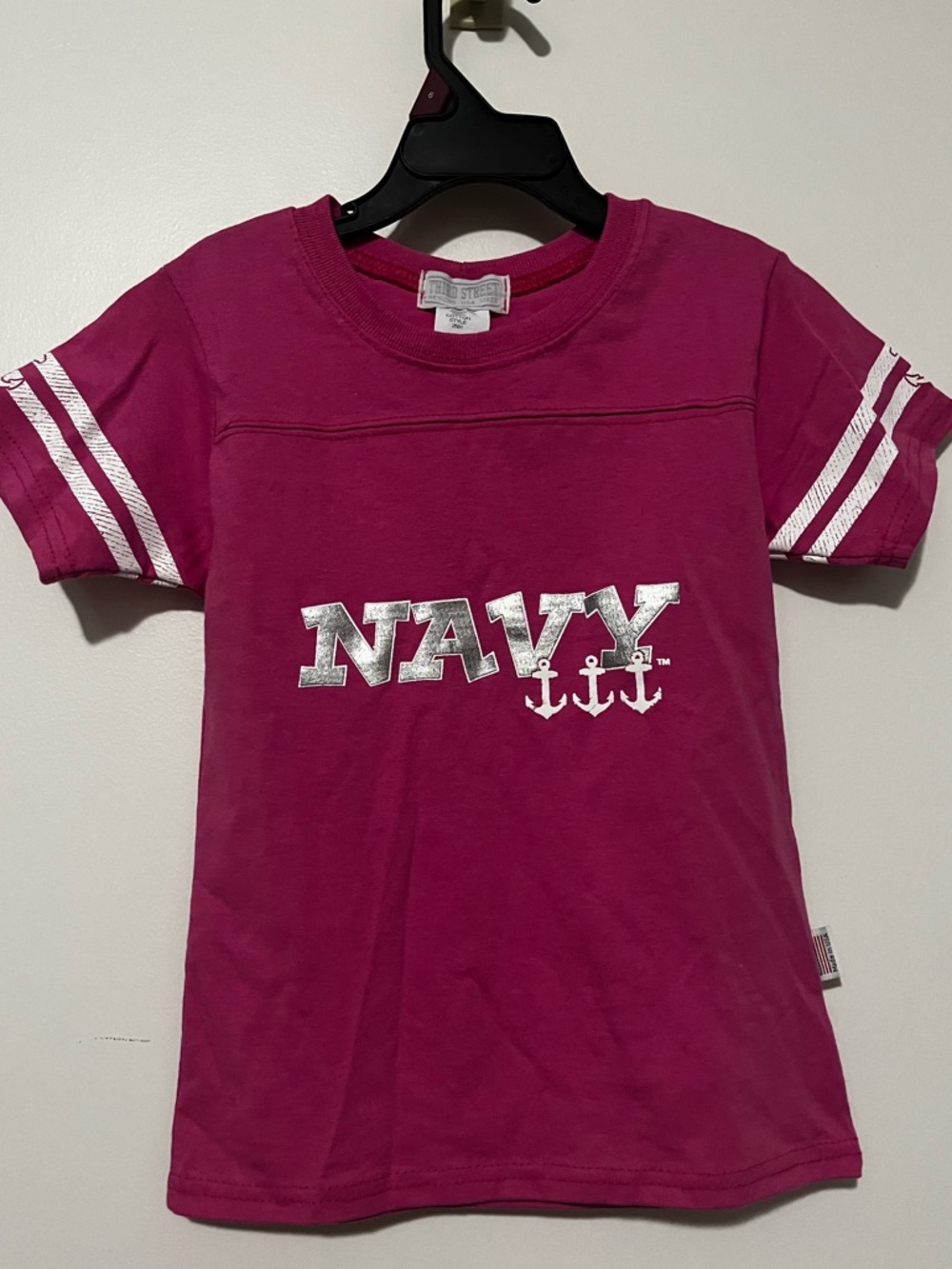 New Girls Size 6 US NAVY Anchors Silver Pink Graphic Tee Shirt Made in USA